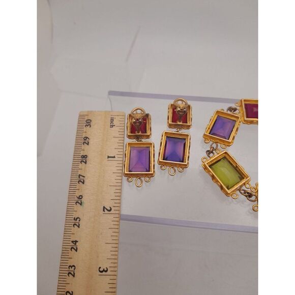 Early Mish Tworkowski Bracelet Clip Earrings Set Colorful Faux Stones Gold Tone - Picture 8 of 10